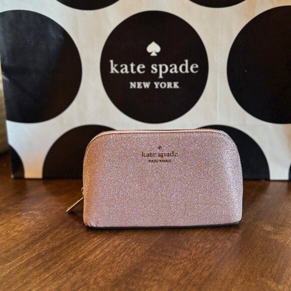 Kate Spade Tinsel Glitter Fabric Rose Gold Cosmetic Makeup Case NWT - Picture 1 of 3